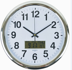 43cm Wall Clock w LCD Date, Month & Temp. Display (Code: I394)